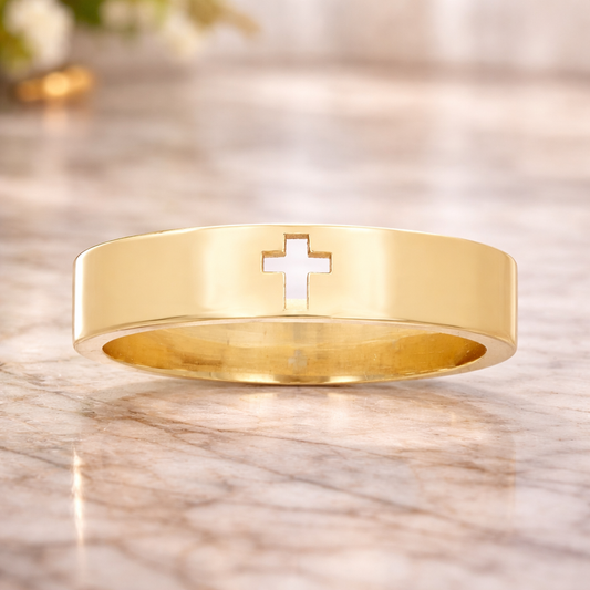 14K Solid Yellow Gold Cross Cutout Band Ring – 5mm Width, Size 6.5 (4.8 Grams)