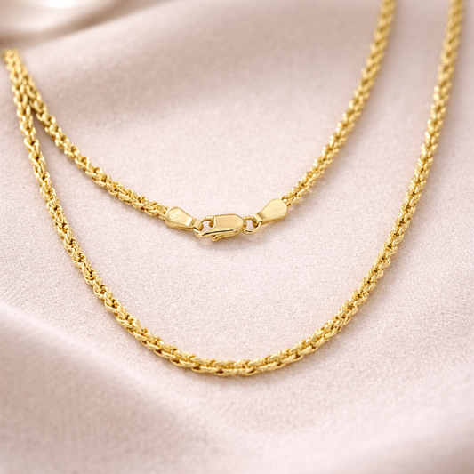 Solid 14K Yellow Gold 1.5mm Diamond-Cut Rope Chain Necklace – Multiple Lengths 16"–30"