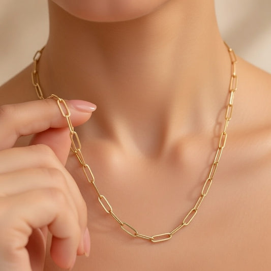 14K Solid Gold Paperclip Chain Necklace – Minimalist Rectangle Link, 1.9mm–3.4mm, 16–20 Inch Layering Choker