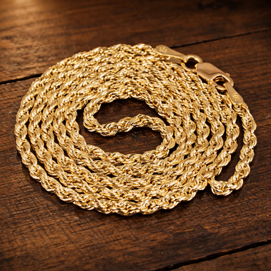 14K Yellow Gold Solid Diamond-Cut Rope Chain Necklace – 2.5mm (16"–30")