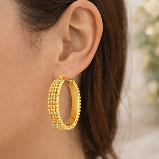 14K Yellow Gold Beaded Oval Hoop Earrings – 1" Diameter, 4mm Width, 3.3g