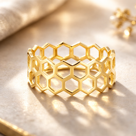 14K Yellow Gold Honeycomb Design Ring – Stackable, 11.8mm Wide, Size 6.5, 2.3 Grams