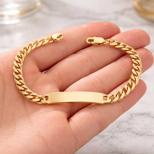 10K Yellow Gold Solid Curb Cuban Link ID Bracelet, 10.2mm (7–9")