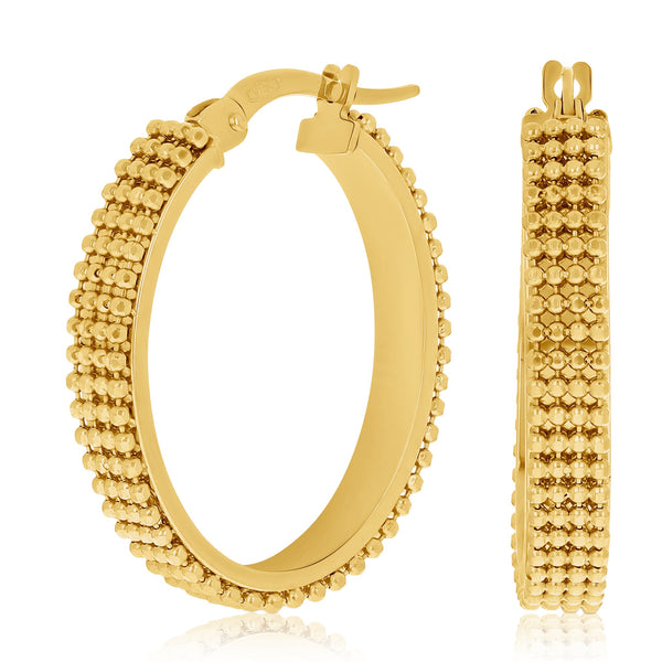 14K Yellow Gold Beaded Oval Hoop Earrings – 1" Diameter, 4mm Width, 3.3g