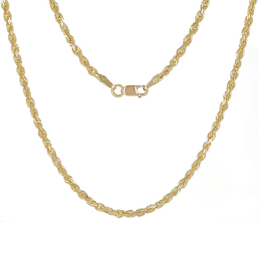 14K Yellow Gold Solid Diamond-Cut Rope Chain Necklace – 2.5mm (16"–30")