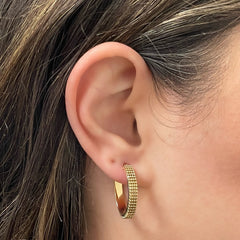 14K Yellow Gold Beaded Oval Hoop Earrings – 1" Diameter, 4mm Width, 3.3g