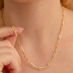 14K Solid Gold Paperclip Chain Necklace – Minimalist Rectangle Link, 1.9mm–3.4mm, 16–20 Inch Layering Choker