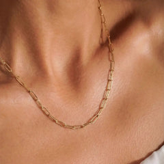 14K Solid Gold Paperclip Chain Necklace – Minimalist Rectangle Link, 1.9mm–3.4mm, 16–20 Inch Layering Choker