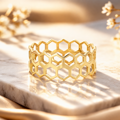 14K Yellow Gold Honeycomb Design Ring – Stackable, 11.8mm Wide, Size 6.5, 2.3 Grams